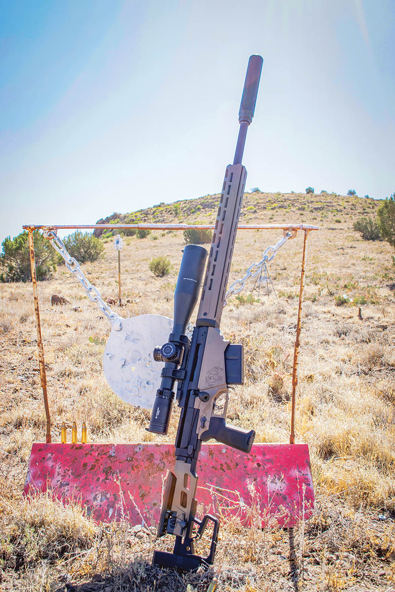 A Ruger Precision Rifle chambered in 338 Lapua Magnum with an Athlon Ares ETR UHD 4.5-30x 56mm optic. This setup was used to test all loads and shoot at long range.
